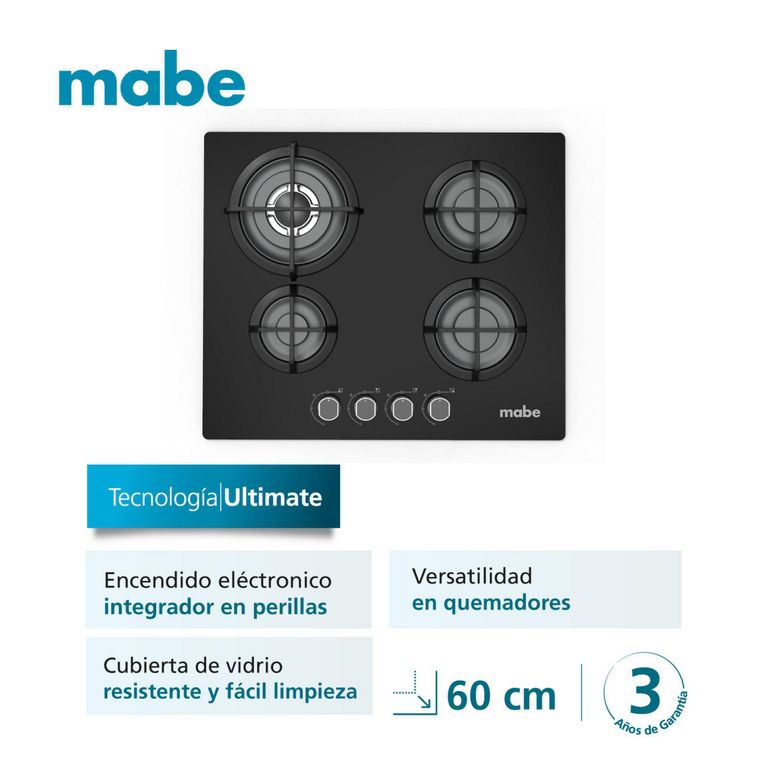 Cocina Empotrable A Gas 4 Hornillas Mabe PM6045GV0 Negro