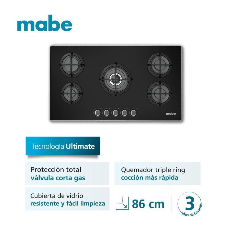 Cocina Empotrable A Gas 5 Hornillas Mabe PM8655GV0 Negro