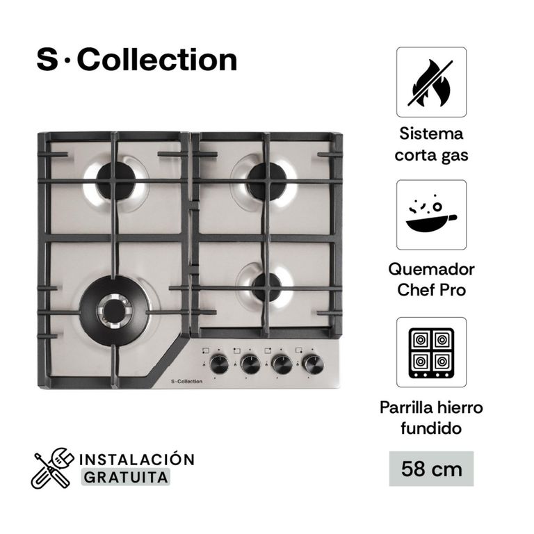 Encimera Empotrable A Gas 4 Hornillas S-Collection 3120SOLCO063