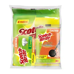 SCOTCH BRITE - Pack x4 Paños Secatodo + Esponja 2 en 1 x2 + Esponja Cero Rayas x2 Scotch Brite