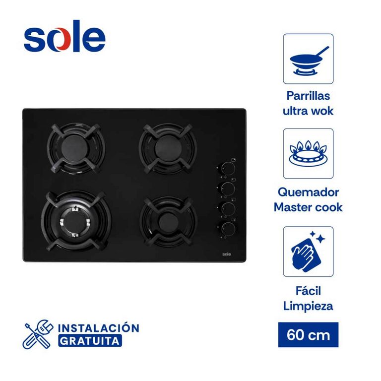 Encimera Empotrable A Gas 4 Hornillas Sole 3120SOLCO047V2 Negro