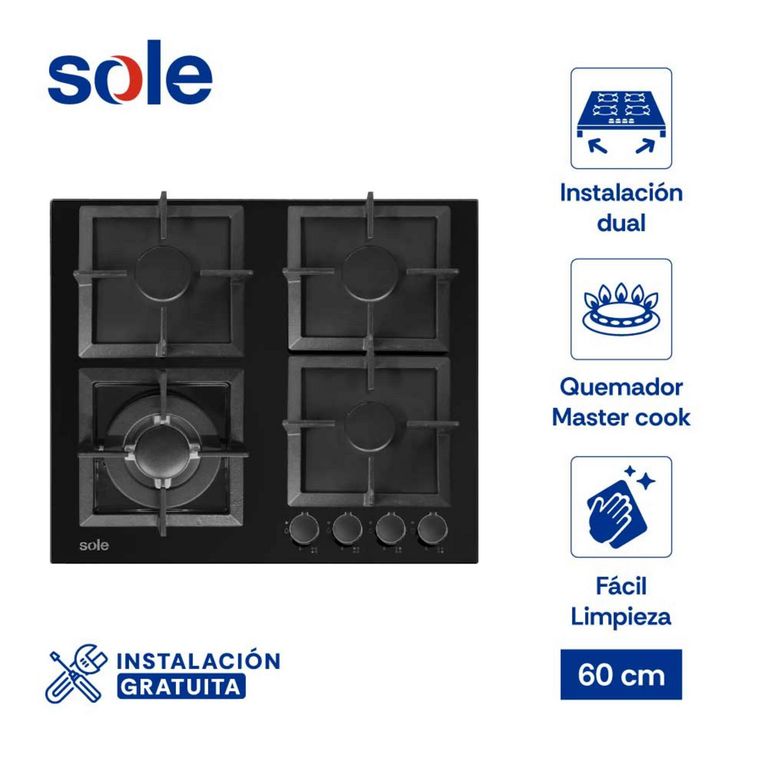 Encimera Empotrable A Gas 4 Hornillas Sole 3120SOLCO070 Negro