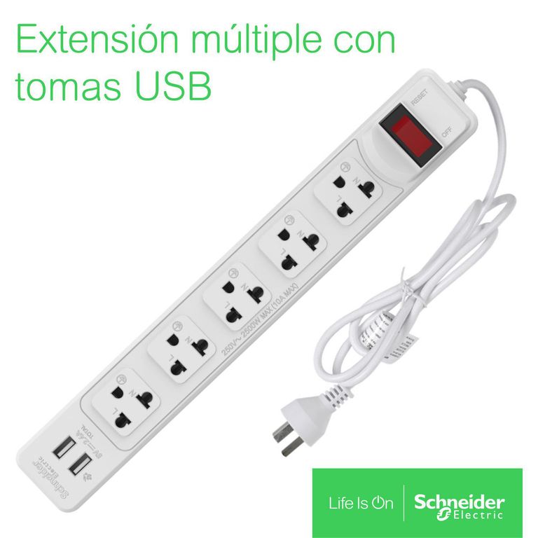 Extensión eléctrica 5 Tomas 3 Metros + 2 Puertos USB Tipo A - GÉNESIS