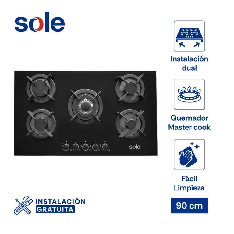 Encimera Empotrable A Gas 5 Hornillas Sole 3120SOLCO069 Negro