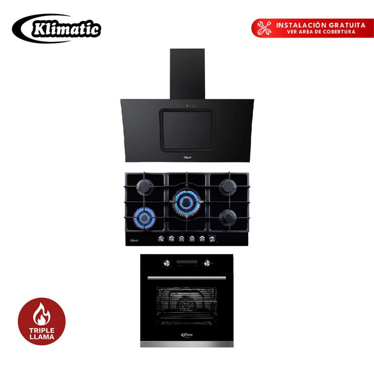 Tricombo Encimera Aosta 90 + Campana Decorativa Kamba + Horno a Gas Bonn
