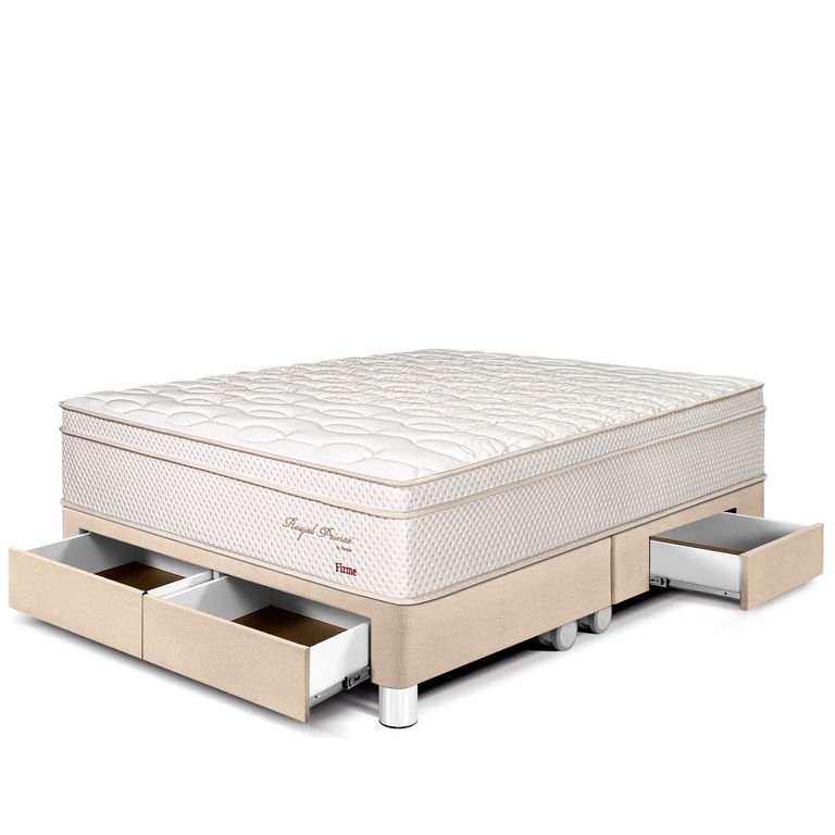 Cama Royal Prince Firme Con Cajones King Champagne + 2 Almohadas
