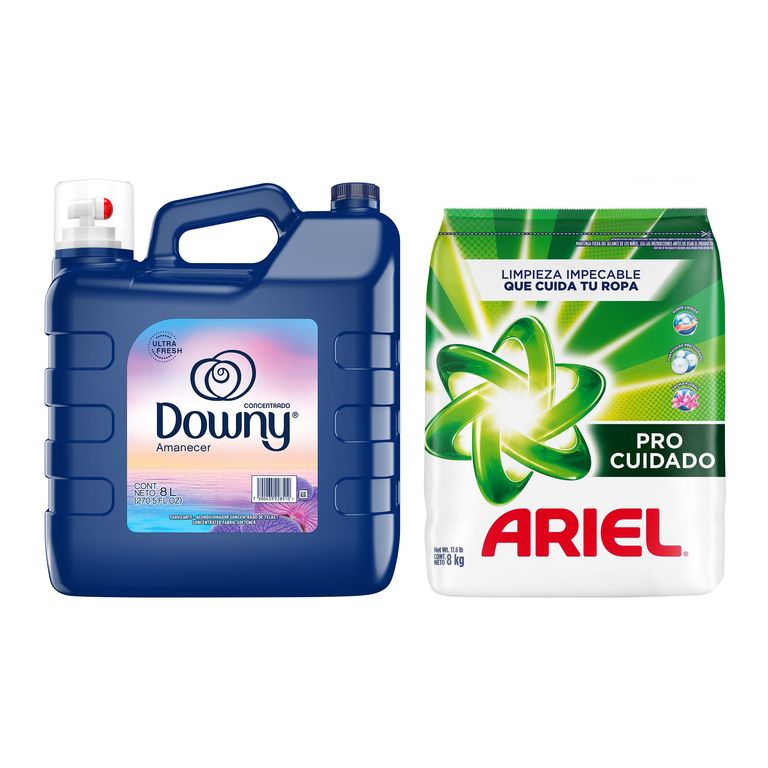 Detergente En Polvo Ariel Pro Cuidado 8Kg + Suavizante Downy Amanecer 8 Litros