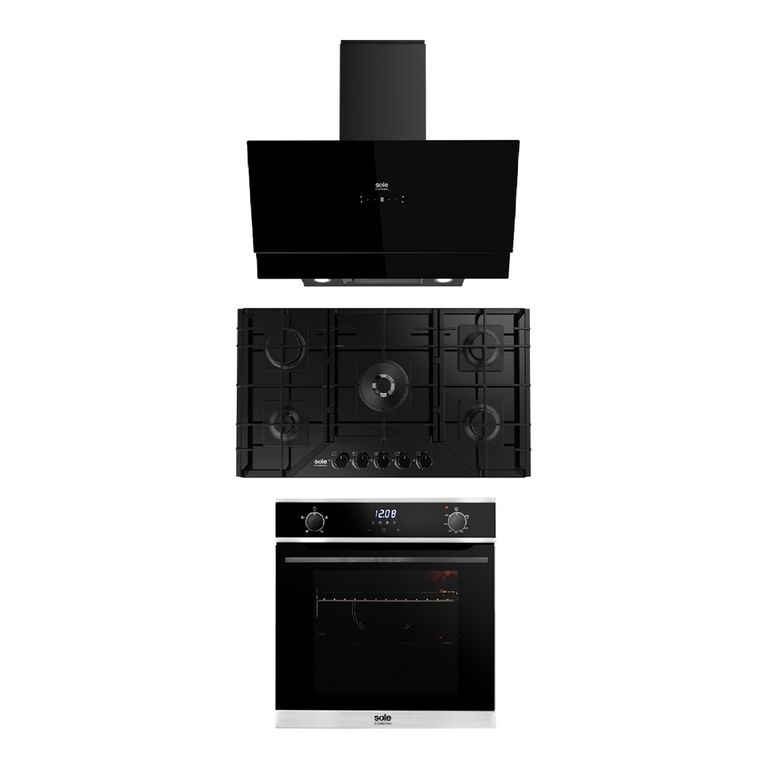 Combo Encimera Empotrable 5 Hornillas SOLCO067 + Campana Decorativa Signature + Horno Empotrable A Gas SOLHO018 S-Collection Negro