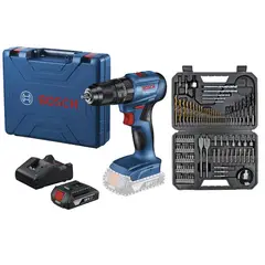 BOSCH - Taladro percutor 1/2" 18 V GSB 185-LI + Kit de Puntas y Brocas en Titanio 103 unidades + 1 batería + maletín de plástico