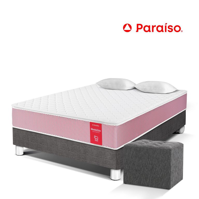 Cama Medallón 2 Plazas + 2 Almohadas + Protector + Puff