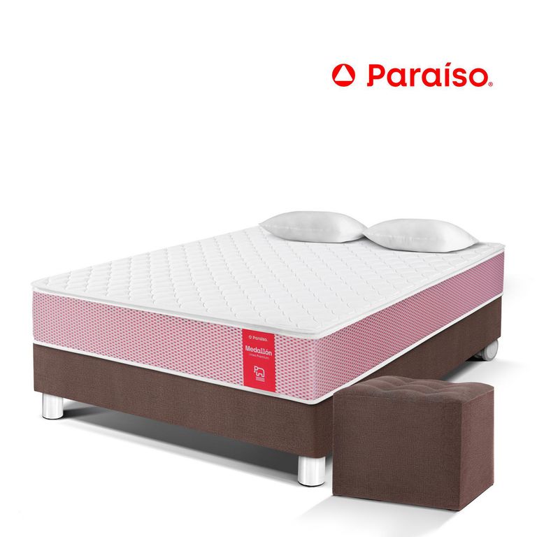 Cama Medallón 2 Plazas + 2 Almohadas + Protector + Puff