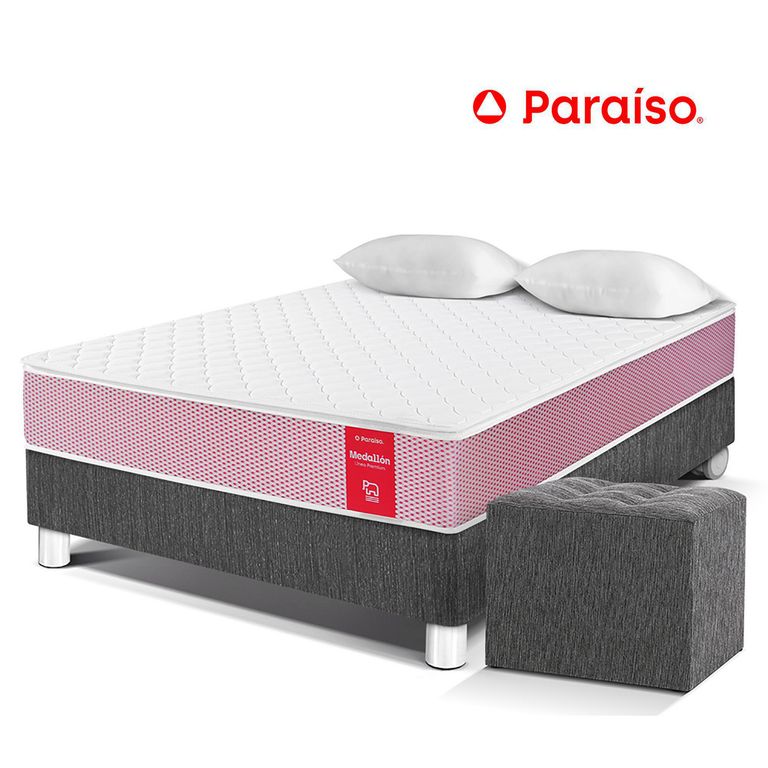 Cama Medallón 2 Plazas + 2 Almohadas + Protector + Puff