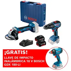 BOSCH - Amoladora inalámbrica 18V GWS 180-LI + Taladro Atornillador percutor GSB 18V-50 Brushless + ¡REGALO! Llave de impacto inalámbrica 18 V GDX 180-LI + 2 baterías