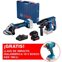 BOSCH - Amoladora inalámbrica 18V GWS 180-LI + Rotomartillo inalámbrico 18 V GBH 180-LI Brushless + Llave de impacto inalámbrica 18 V GDX 180-LI +2 baterías