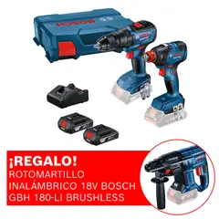 BOSCH - Taladro Atornillador percutor GSB 18V-50 + Llave de impacto inalámbrica ¼ y ½" GDX 18V-200 + 2 baterías + maletín plástico + ¡REGALO! Rotomartillo Inalámbrico GBH 180 LI