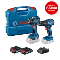 BOSCH - Taladro percutor inalámbrico 18V 1/2" GSB 185-LI + Llave impacto inalámbrico 18V GDR 18V-200 + 2 baterías + maletín plástico