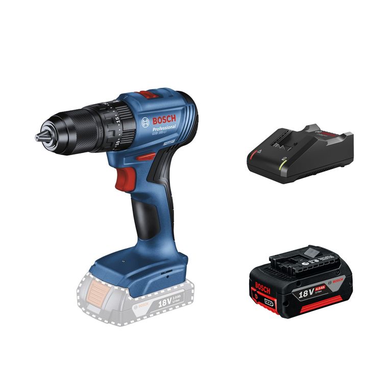 Taladro percutor Bosch GSB 185-LI + Batería de Iones de Litio Bosch 18V GBA 18V 4.0Ah + Cargador GAL 18V-40 de Bosch 18V