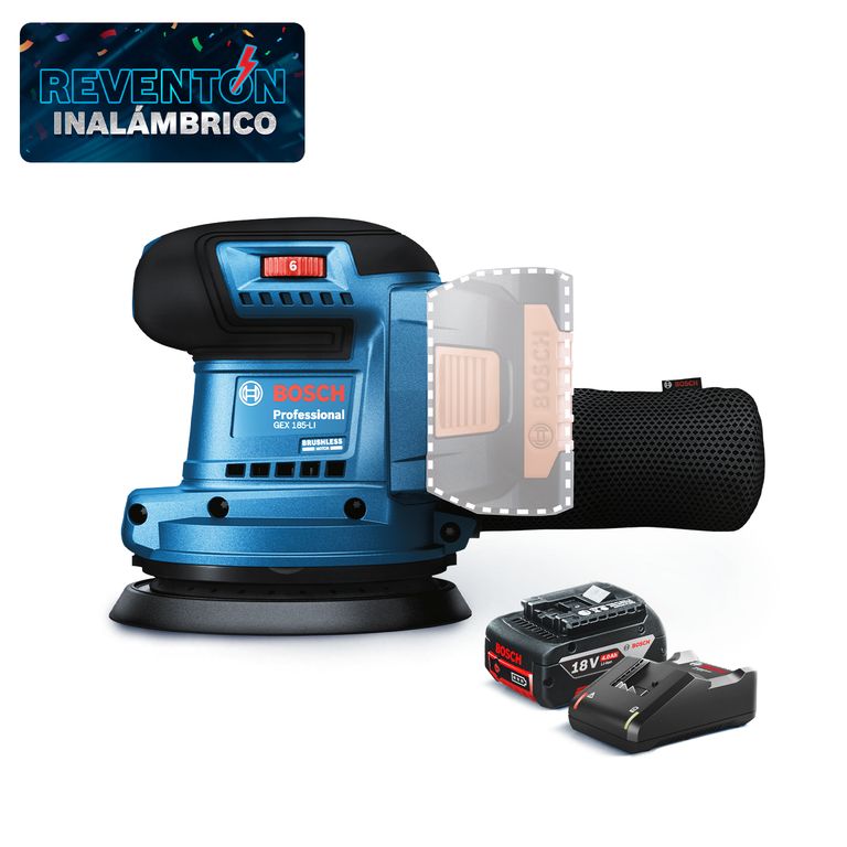 Lijadora orbital inalámbrica Bosch GEX 185-LI 18 V + Batería de Iones de Litio Bosch 18V GBA 18V 4.0Ah + Cargador GAL 18V-40 de Bosch 18V