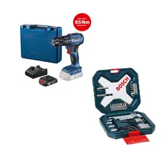BOSCH - Taladro percutor GSB 185-LI 18V + 1 Batería 18V GBA 2.0Ah + Maletín de plástico + Set de Puntas y Brocas X-Line 34 unidades