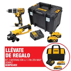 DEWALT - Taladro Percutor 1/2" 20 V Xr 70 Nm + Esmeril Angular 4 1/2" 20V + Cargador + Regalo: Kit 2 Bat 1.7AH 20V + 1 Carg + Maletin de lona