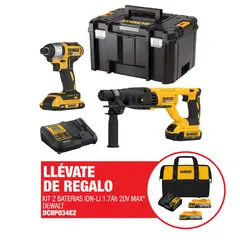DEWALT - Kit Rotomartillo DCK260D1P1T + Ator. Impacto 20V + 2 Bat + Carg + Regalo: Kit 2 Bat 1.7AH 20V + 1 Carg + Maletin de lona