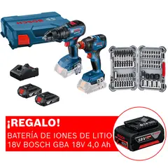 BOSCH - Taladro percutor GSB 18V-50 + Llave de impacto GDX 18V-200 + 2 baterías GBA 18V 2,0 Ah + 1 cargador GAL 18V-20 + 1 maletín plástico + Batería de iones de litio 18V + Kit de Puntas y Dados para Atornillar 36 Piezas Impact Control