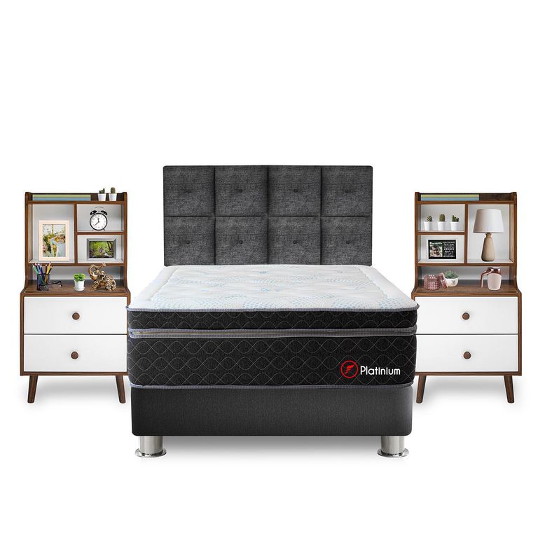 Dormitorio Platinum 2 Plazas + Velador con Repisa Fashion