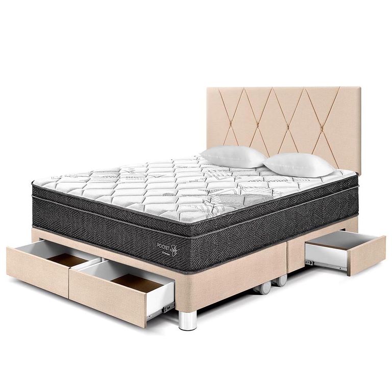 Dormitorio con Cajones Paraíso Pocket Star Queen + 2 Almohadas + Protector