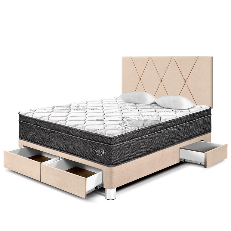 Dormitorio con Cajones Paraíso Pocket Star 2 Plazas + 2 Almohadas + Protector