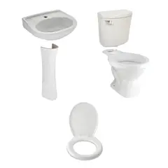 TREBOL - Taza Universal Blanca + Tanque Inodoro Trebol Rapid Jet Blanco + Pedestal para Lavamanos Trebol Universal Blanco + Lavamanos Sobre Pedestal Trebol Mancora Blanco + Asiento Tapa Inodoro Trebol Rapid Jet Redondo Blanco