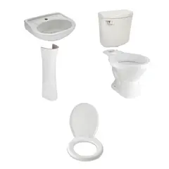 TREBOL - Taza Universal Blanca + Tanque Inodoro Trebol Rapid Jet Blanco + Pedestal para Lavamanos Trebol Universal Blanco + Lavamanos Sobre Pedestal Trebol Eco Blanco + Asiento Tapa Inodoro Trebol Rapid Jet Redondo Blanco