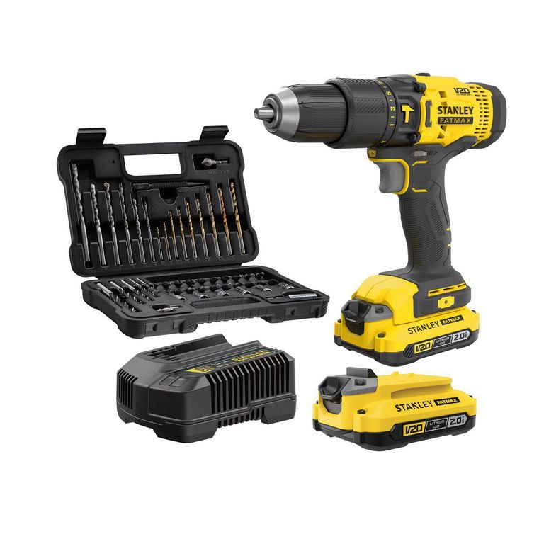 Kit Taladro Percutor 20V Stanley con 2 Baterías + Cargador + Set de 50Pz