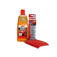 SONAX - Kit Shampoo Brillo 1L y Microfibra Exterior 1Und