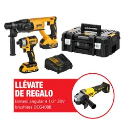 DEWALT - Kit rotomartillo SDS Plus 2.6J + atornillador de impacto 1/4" 20V + 02 baterías 2AH 5AH + caja de herramientas DCK260D1P1T + Regalo : esmeril angular 4 1/2" 20V brushless baretool DCG408B