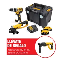 DEWALT - Kit Taladro Percutor 1/2? DCD796 + Esmeril Angular 4 1/2" DCG412 20V DCK209P2T-B2 + Regalo: Rotomartillo SDS Plus 20V XR 2.6J Baretool DCH133B-B3