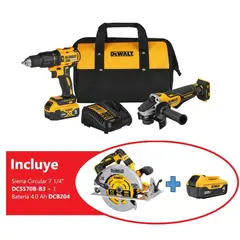 DEWALT - Kit Taladro Percutor 1/2+Esmeril Angular 4 1/2+Batería 5Ah +Regalo: Sierra Circular+Bateria 4AH
