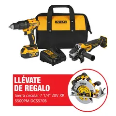 DEWALT - Kit Taladro Percutor 1/2" + Esmeril Angular 4 1/2" + Batería 5Ah DCK248P1 + Regalo: Sierra Circular 7 1/4" 20V XR 5500PM Baretool DCS570B