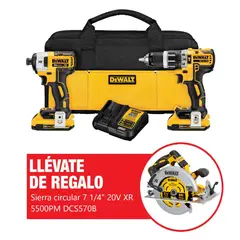 DEWALT - Kit Taladro Percutor 1/2" + Atornillador de Impacto 1/4" 20V XR DCK287D2 + Set de Puntas FlexTorq para Atornilladores 16 Piezas DT70522T-QZ + Regalo: Sierra Circular 7 1/4" 20V XR 5500PM Baretool DCS570B