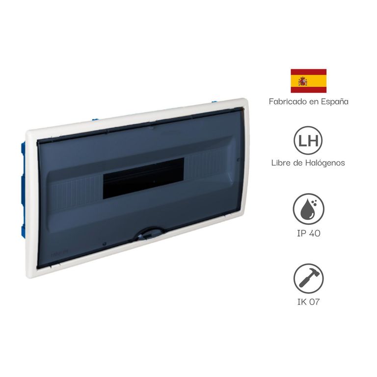 Tablero Riel Din Empotra. Libre Halog. 22 Polos Puerta Fume C/Borne A/V Ip40 Ik07, P/Drywall, C/Born, Termosellado