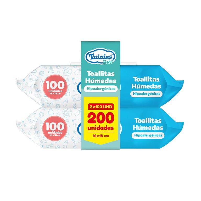 Toallitas Húmedas Hipoalergénicas para Bebé Tuinies 2x100und