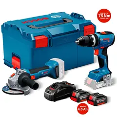 BOSCH - Amoladora GWS 18V-8 + 2 Baterias 4 Ah + Carg + Taladro Percutor 75Nm GSB 18V-65 + Caja L-BOXX 238