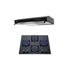 Sole - Encimera Empotrable A Gas 4 Hornillas 60cm Negro + Campana Extractora 60cm Negro