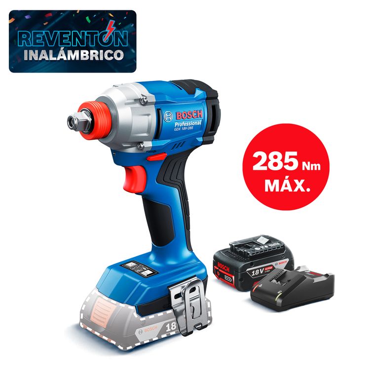 Atornillador/Llave de Impacto Inalámbrica GDX 18V 285 + Cargador GAL 18V-40 de Bosch 18V + Batería de Iones de Litio Bosch 18V GBA 18V 4.0Ah.