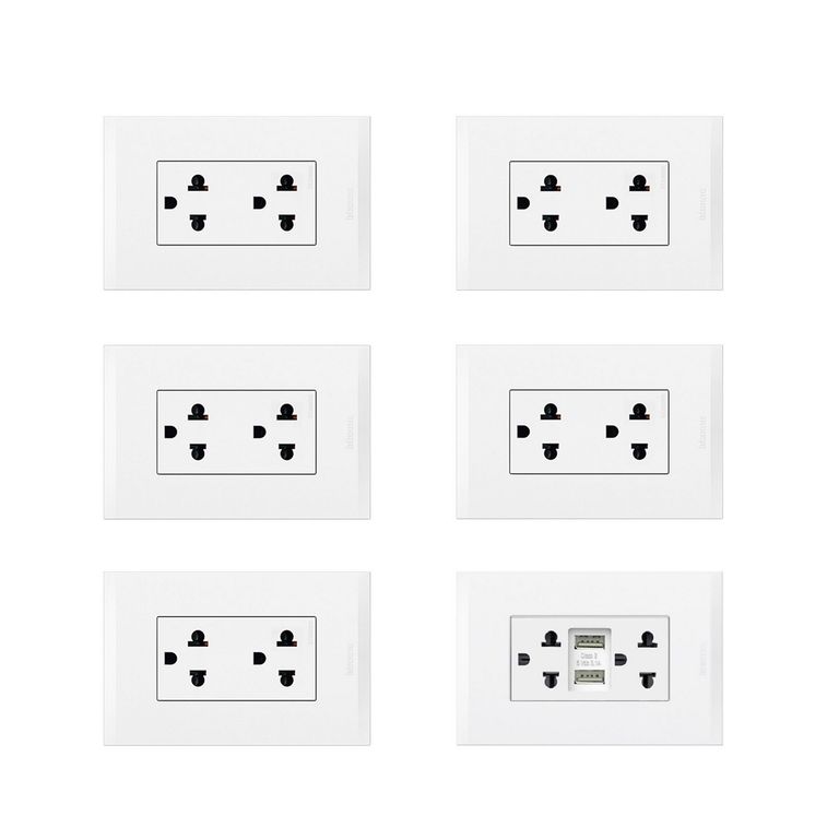 Pack 5 Tomacorrientes Doble P/T Modus 4 + 1 Tomacorriente Combinado ( 2 USB + 2 P/T).