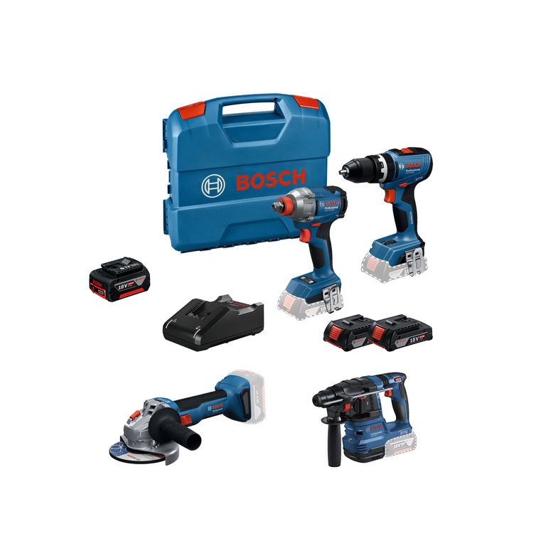 Taladro Percutor Profesional + Batería de iones de litio 18V + Amoladora Angular Inalambrica 5" 18V Sin Batería + Rotomartillo Bosch GBH 185-LI