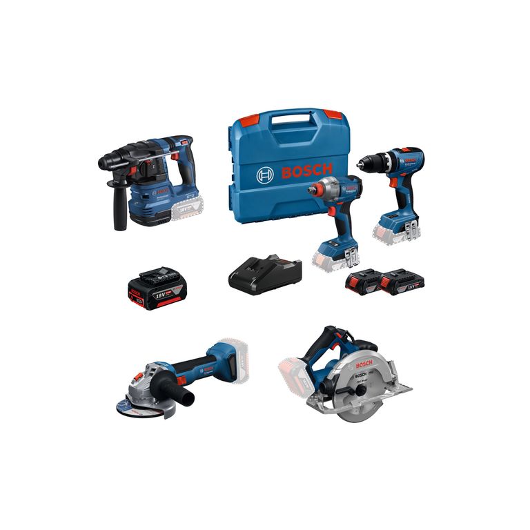 Taladro Percutor Profesional + Batería de iones de litio 18V + Amoladora Angular Inalambrica 5" 18V Sin Batería + Rotomartillo Bosch GBH 185-LI + Sierra Circular GKS 18V