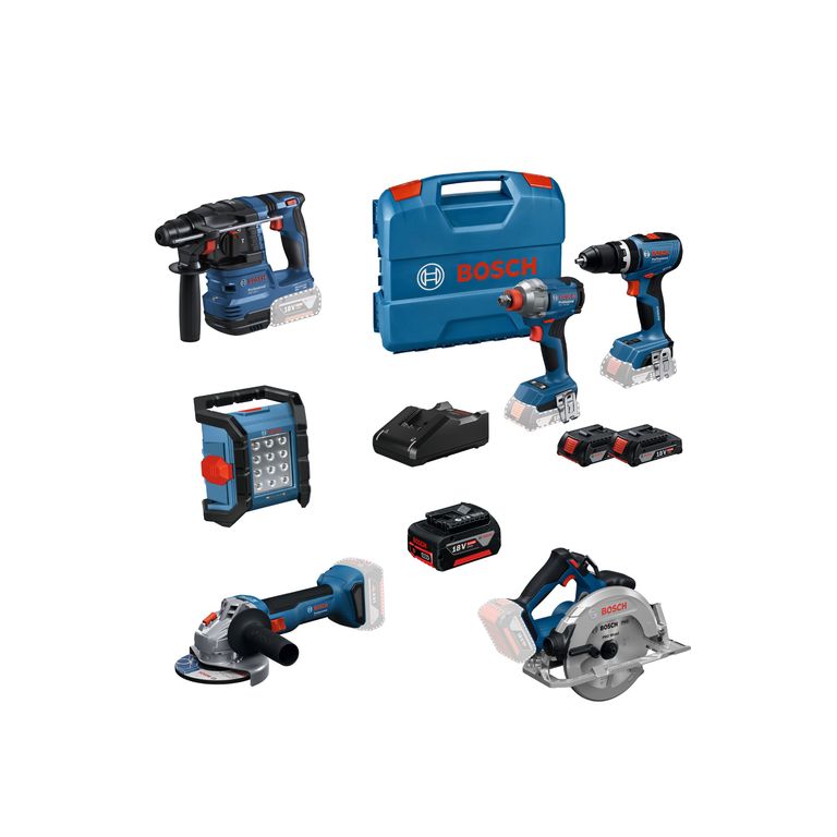 Taladro Percutor Profesional + Batería de iones de litio 18V + Amoladora Angular Inalambrica 5" 18V Sin Batería + Rotomartillo Bosch GBH 185-LI + Sierra Circular GKS 18V + Linterna