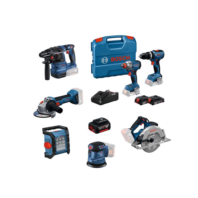 Taladro Percutor Profesional + Batería de iones de litio 18V + Amoladora Angular Inalambrica 5" 18V Sin Batería + Rotomartillo Bosch GBH 185-LI + Sierra Circular GKS 18V + Linterna