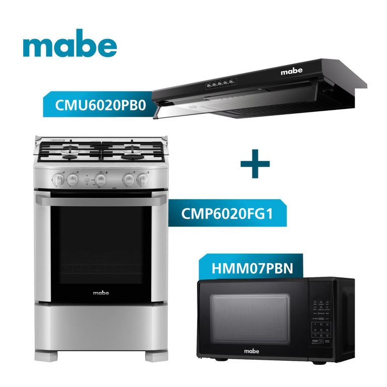 Tricombo Campana CMU6020PB0 + Cocina de Piso CMP6020FG1 + Horno Microondas HMM07PBN