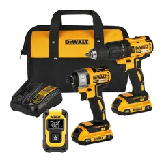 DEWALT - Taladro Percutor 20V +Atornillador de Impacto 20V +2 Baterías +Cargador +Bolso lona +Medidor laser